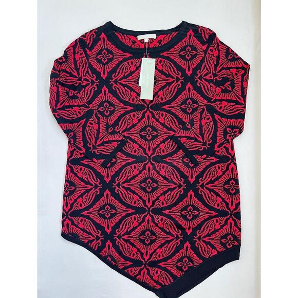 Joan Vass New York Sweater Tunic Size S Black Red Jacquard Asymmetrical Hem - Picture 10 of 12